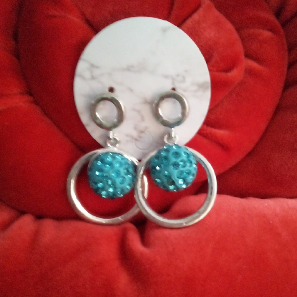 Silver Circular and Blue Sparkle Sphere Dangle Earrings